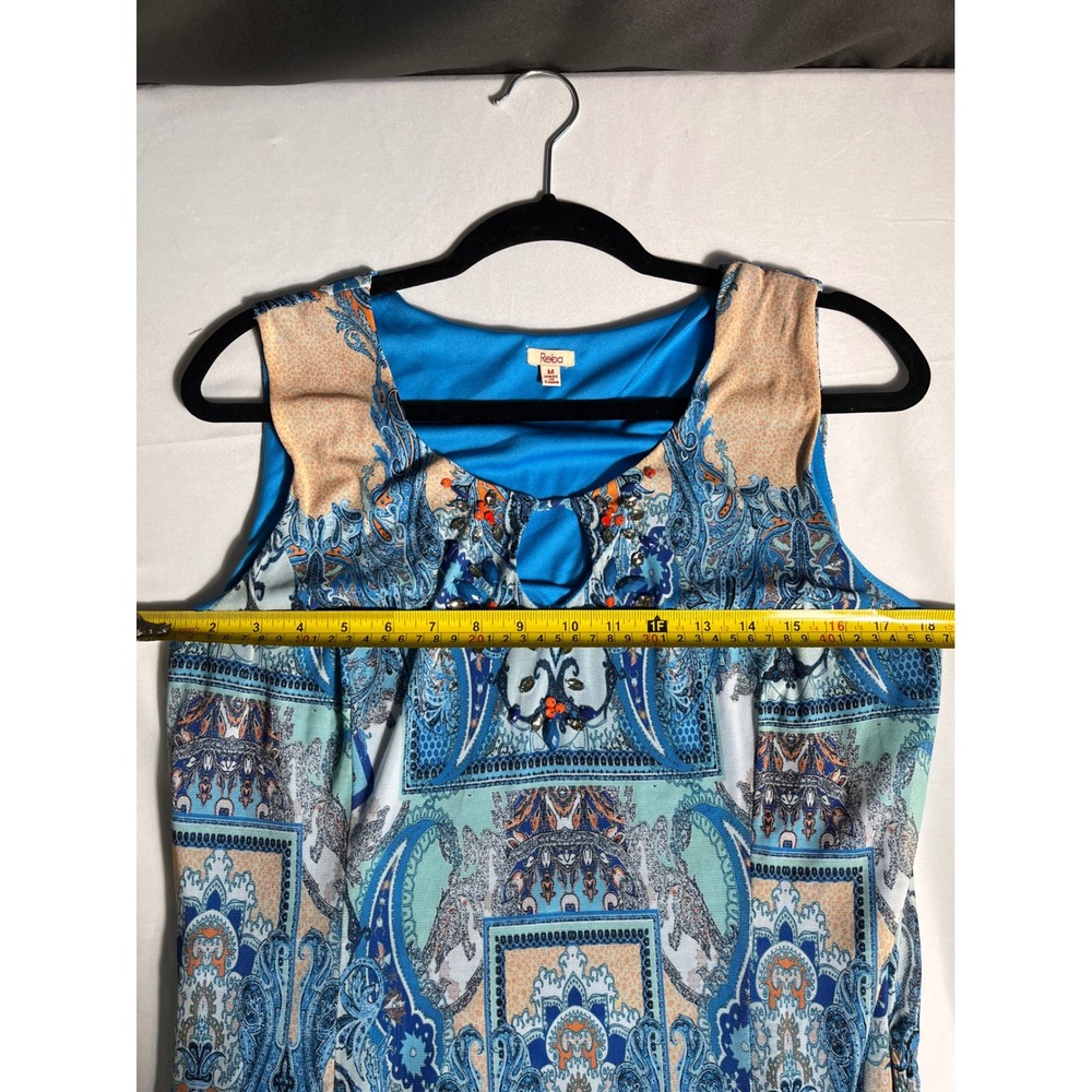 Reba Blue Paisley Sleeveless Midi Dress Keyhole Neck Stretch Knit Women's M - Picture 5 of 8